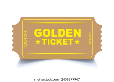 3d golden tickets. Billete dorado tridimensional con estrellas y la inscripción "Admite uno". Ilustración vectorial.