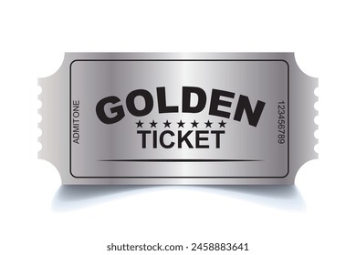 3d golden tickets. Billete dorado tridimensional con estrellas y la inscripción "Admite uno". Ilustración vectorial.