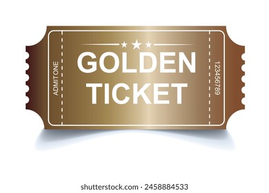 3d golden tickets. Billete dorado tridimensional con estrellas y la inscripción "Admite uno". Ilustración vectorial.