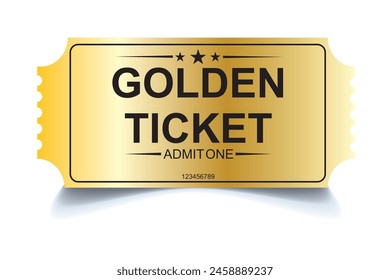 3d golden tickets. Billete dorado tridimensional con estrellas y la inscripción "Admite uno". Ilustración vectorial.