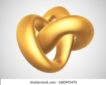 3D golden torus knot isolated on white background. Glamorous and luxury golden decoration element. Symbol of infinity and endlessness made of gold. Vector illustration of abstract geometric shape.