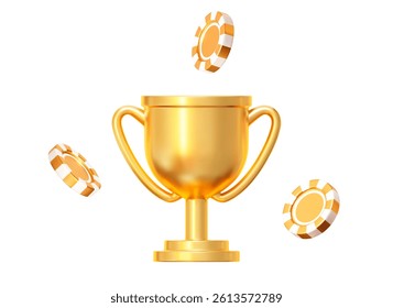 3d golden trophy cup with casino poker chips. Online casino, gambling. Stock vector illustration on isolated background.