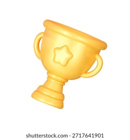 Icono de copa de trofeo dorado 3D con detalle de estrella. Icono de premio al campeón por la victoria del torneo, el éxito de la competición deportiva y el reconocimiento del ganador con elemento de medalla. Ilustración vectorial.