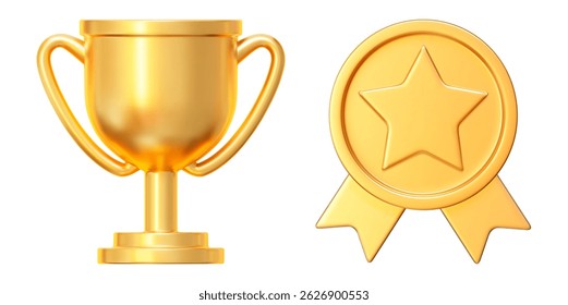 3d golden trophy cup and medal with star. Stock vector illustration on isolated background.	
