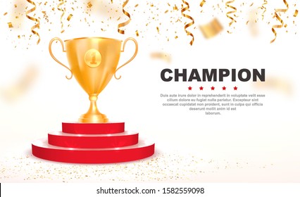 3d golden trophy cup on red podium vector illustration. First place win template with falling down confetti on white background