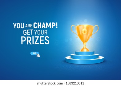 3d golden trophy cup on blue podium vector illustration. First place win on blue background. Winning in online game template