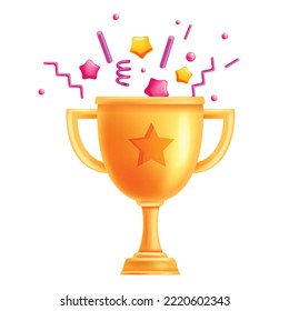 3D golden trophy cup, vector winner award icon, game UI prize, confetti stars congratulation clipart. Champion victory goblet, first place reward, ranking celebration achievement. Competition 3D cup