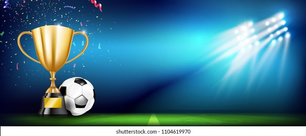 3D Golden trophy cups and Soccer Ball and football stadium greeen grass field with spot light at night time vector illustration, web banner ratio
