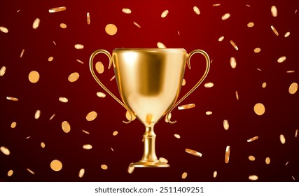 3D Goldene Trophäe mit fallenden goldenen Münzen auf dunkelrotem Hintergrund. Stockvektorgrafik auf isoliertem Hintergrund.