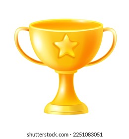 3D golden trophy icon, vector winner trofeo, game UI victory cup, first place celebrate goblet. Contest congratulation cartoon award, business achievement reward. 3D trophy sport tournament champion