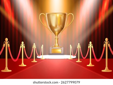 3d golden trophy on red background with carpet, path barriers 3d and curtain.Luxury entrance to vip event or celebrity party. Stock vector background.