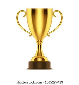 3d golden trophy or realistic winner cup. Sport goblet for competition or metal first place award, champion bowl for soccer or racing. Game reward. Leadership and celebration, achievement and leader