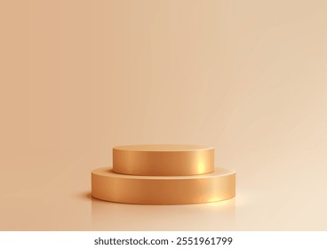 3D golden two tiered podium with a reflective surface on a beige background, illuminated by warm lighting. Minimal luxury design, product mockups, and elegant showcases