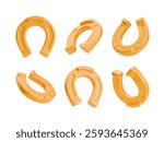 3D golden vector horseshoes. Realistic lucky icons. Gold symbol of good luck and success isolated on white. Yellow horseshoe in different view