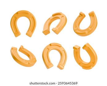 3D golden vector horseshoes. Realistic lucky icons. Gold symbol of good luck and success isolated on white. Yellow horseshoe in different view