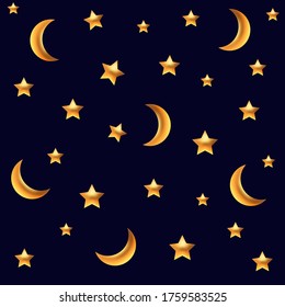 3D golden vector illustration golden stars and moon. Golden stars background.  Print for web background, wrapping, decor,etc.  