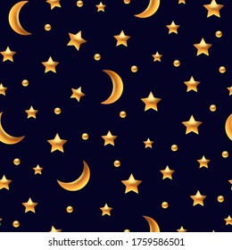 3D golden vector illustration with golden stars and moon. Golden stars background.  Seamless pattern. Print for web background, wrapping, decor,etc.  