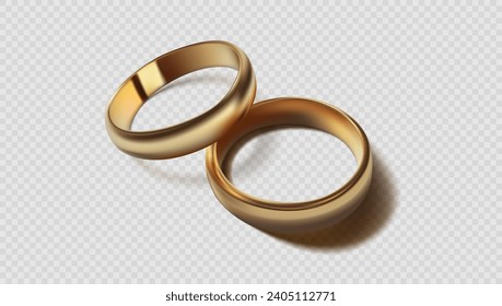 3D Golden Wedding Rings Isolated On Transparent Background. EPS10 Vector