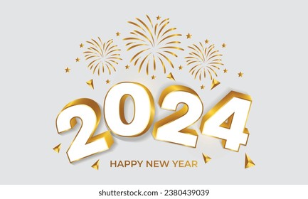 3d golden white 2024 happy new year luxury gold wishes with fireworks clipart sticker greetings background banner