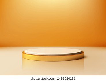 3D Golden and White Podium: Circular Platform on White Floor with Orange Background for Luxury Product Display