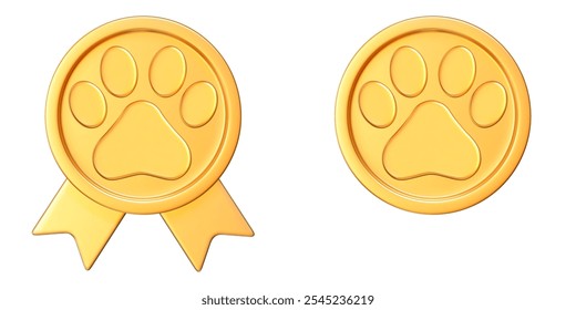 3d golden winner medal with sign paw and ribbon. Coin with paw. Stock vector illustration on isolated background.