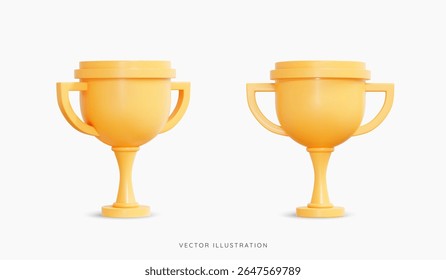 Ícone do Troféu Vencedor de Ouro 3D definido em vista diferente. Xícara campeã. Prêmio 1º lugar em esportes e futebol. Conceito de sucesso vitorioso. Ícones de desenhos animados isolados em fundo branco. Ilustração do vetor 3D