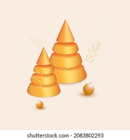 3D Golden Xmas Tree With Baubles On Beige Snowfall Background.