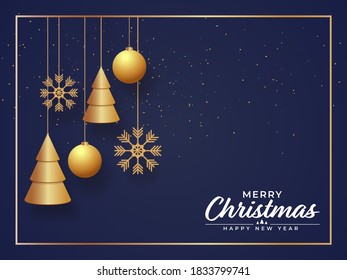 3D Golden Xmas Trees with Hanging Baubles, Snowflakes and Confetti Decorated on Blue Background for Merry Christmas & Happy New Year.