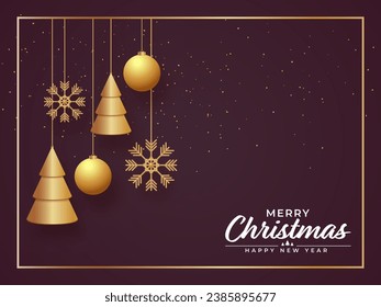 3D Golden Xmas Trees with Hanging Baubles, Snowflakes and Confetti Decorated on Burgundy Brown Background for Merry Christmas  Happy New Year.