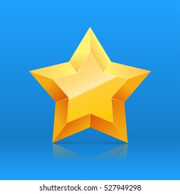 3D golden yellow star isolated on blue background. Christmas star. Vector illustration