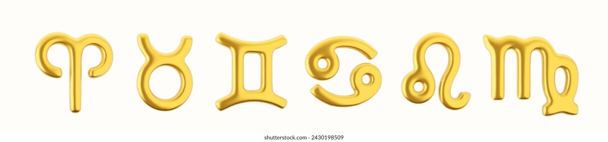 Signo del zodiaco dorado 3d Aries, Tauro, Géminis, Cáncer, Leo y Virgo sobre un fondo blanco.