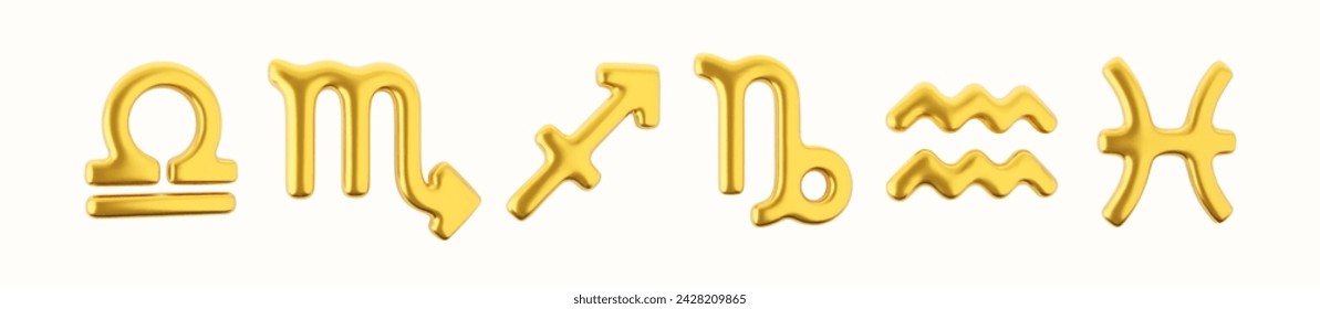 Signo del zodiaco dorado 3d Libra, Escorpio, Sagitario, Capricornio, Acuario y Piscis sobre un fondo blanco.