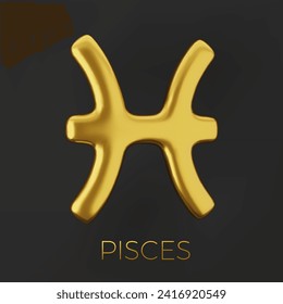 3D goldenes Zodiakzeichen Pisces auf dunklem Hintergrund.