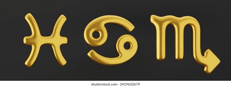 3D goldenes Tierkreiszeichen Pisces, Cancer und Scorpio auf dunklem Hintergrund.