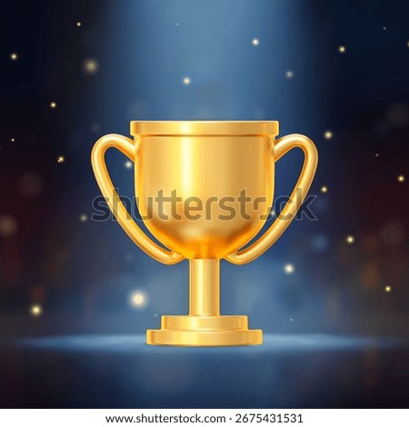 3d goldne yellow trophy cup. Gradient mesh. Stock vector illustration on blue isolated background.	
