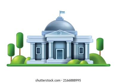 3D Government Building, Vector Court White House Law Exterior, City Bank Museum Dome, University. Public Administration Justice Office Architecture Illustration, Capital Congress Entrance. 3D Building