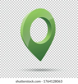 3D GPS Map pointer icon in flat glossy style. Green Navigator symbol on checked transparent background. Vector illustration. Eps 10 vector file.