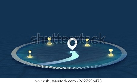 3D GPS navigation concept. Abstract concept of navigation. Isometric path leading to location marker on circular interface waypoints marked by illuminated. Vector illustration