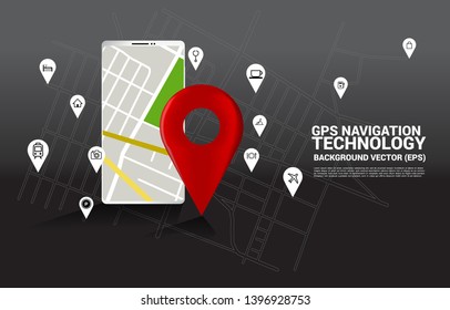 3D GPS pin marker and map in mobile phone application. concept of location and facility place , GPS technology