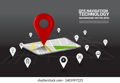 3D GPS pin marker and map in mobile phone application. concept of location and facility place , GPS technology