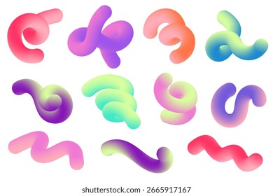 3D gradient abstract shapes. Colored fluid wavy lines. Bright blended elements on dark background. Swirl modern dynamic strokes. Vector trendy organic splashes