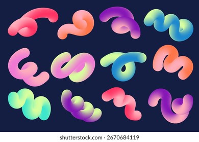 3D gradient abstract shapes. Colored fluid wavy lines. Bright blended holographic elements on dark background. Swirl modern dynamic strokes. Vector trendy splashes