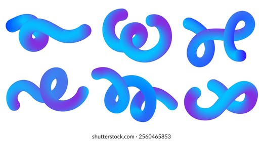 3D gradient abstract shapes on white background. Liquid fluid vector spiral elements. Swirl dynamic bright blue modern strokes. Wavy blend futuristic vibrant lines. Squiggle neon design