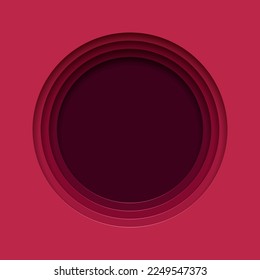 3D gradient background. Red paper cut out circle pattern in layers. Trend color of the year 2023, viva magenta. Design element for card, cover, banner, poster, backdrop, wall. Vector illustration.