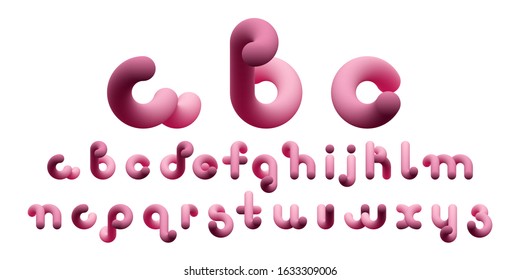 3d gradient bubble lettering.Rose glossy minimal shape alphabet.Liquid color path font.Pink Tube Hand-Drawn vector illustration.Sweet candy style vector 10 EPS ABC.