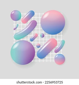 3D gradient geometric shapes and white grid on grey background. Vector illustration. 