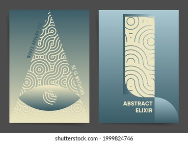 3d gradient holographic geometric poster design set. Conspiracy theories triangle and wavy lines 3d eye surveillance poster, brochure, placard, web art, book cover. Vector backdrop geometric shapes.