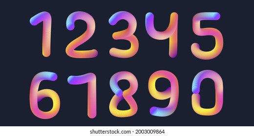 3d gradient numbers from 0 to 9 stylized.Circular blend forming number shape, set of bright typography elements on dark background