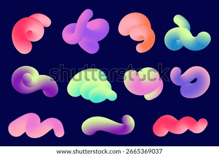 3D gradient shapes. Abstract color fluid wavy lines. Bright blended elements on dark background. Vector swirl modern dynamic strokes. Trendy organic doodles set