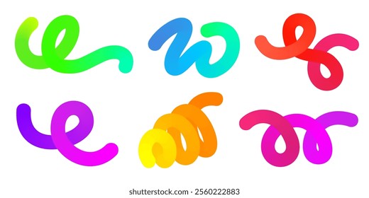 3D gradient shapes. Abstract rainbow colored fluid swirl elements on white background. Vector wavy blend spiral objects. Dynamic organic neon strokes. Bright gradation stripes